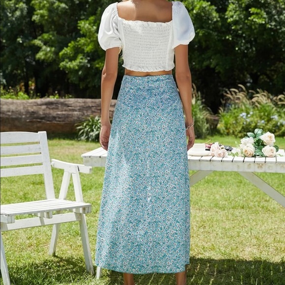 Floral print high waist slit boho skirt green-blue - Picture 3 of 9